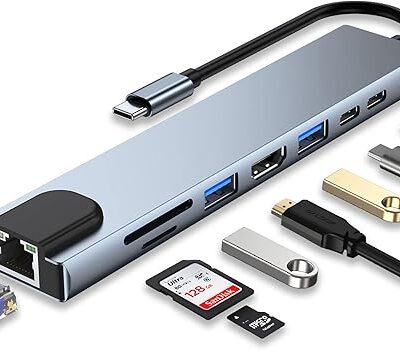 USB C HUB, 8 in 1 USB C Adapter with 4K HDMI, 100W PD, USB C Port, USB 3.0, RJ45 Ethernet, SD/TF Card Reader, Docking Station Compatible with MacBook Pro/Air USB C Laptops and Other Type C Devices