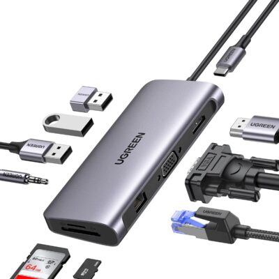 UGREEN 10-in-1 USB-C Docking Station - 4K HDMI, VGA, Gigabit Ethernet, 100W PD, 3 x USB 3.0, SD/TF Card Slot, Audio, Multiport Adapter for Laptop, MacBook, Steam Deck