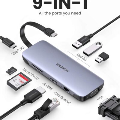 UGREEN USB-C 9-in-1 Multiport Adapter Dock with 4K HDMI, VGA, Gigabit Ethernet, PD Charging, 3 USB 3.0 Ports, SD Card Reader, Compatible with MacBook Pro/Air