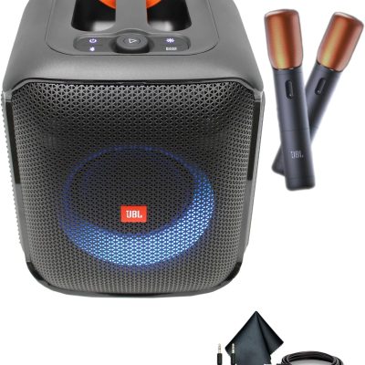 JBL Partybox Encore Speaker, 100W Sound, Built-in Dynamic Light Show, and Splash Proof Design with 2 Wireless Mics (JBLPBENCORE2MICAM) + AUX Cable + USB-C Cable + More