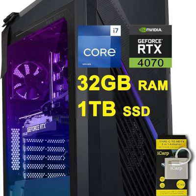 ASUS ROG Strix G16CHR Gaming Desktop Computer, Intel Core i7-14700F 2.1GHz, 32GB RAM, 1TB SSD, NVIDIA GeForce RTX 4070 12GB, Windows 11 Pro, Gray